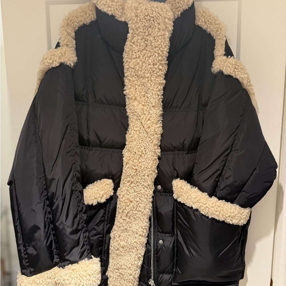 STAND STUDIO Black Dorothy Puffer Winter Coat with Cream Shearling Collar
